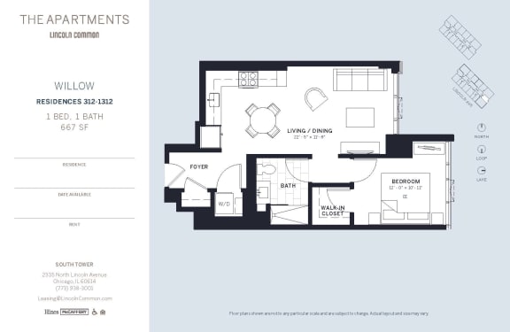 Lincoln Common Chicago Willow 1 Bedroom South Floor Plan Orientation at The Apartments at Lincoln Common, Chicago, Illinois