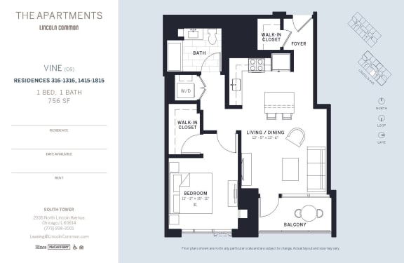 Lincoln Common Chicago VineC6 1 Bedroom South Floor Plan Orientation at The Apartments at Lincoln Common, Illinois