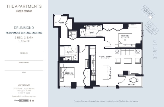 Lincoln Common Chicago Drummond 2 Bedroom 1164sf North Floor Plan Orientation at The Apartments at Lincoln Common, Chicago, IL, 60614