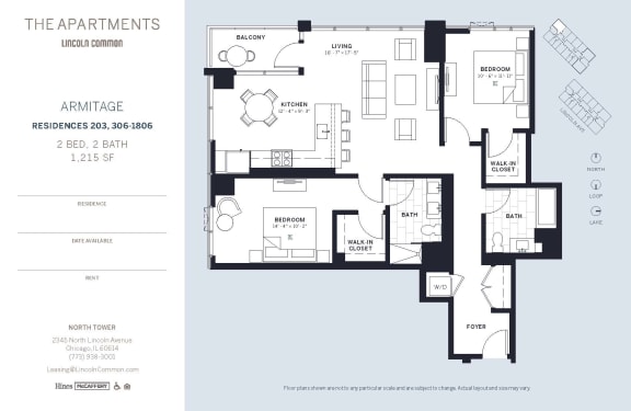 Lincoln Common Chicago Armitage 2 Bedroom North Floor Plan Orientation at The Apartments at Lincoln Common, Chicago, 60614