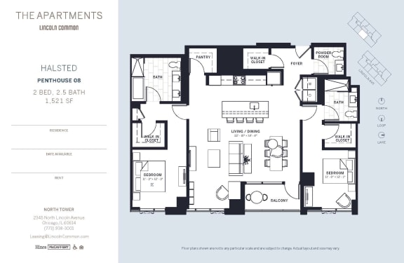 Lincoln Common Chicago Halsted 2 Bedroom North Floor Plan Orientation at The Apartments at Lincoln Common, Chicago, 60614