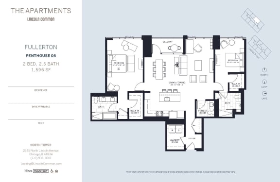 Lincoln Common Chicago Fullerton 2 Bedroom North Floor Plan Orientation at The Apartments at Lincoln Common, Chicago, IL, 60614