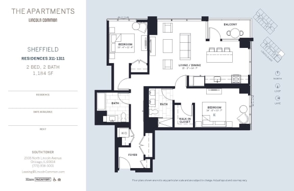 Lincoln Common Chicago Sheffield 2 Bedroom South Floor Plan Orientation at The Apartments at Lincoln Common, Chicago, Illinois