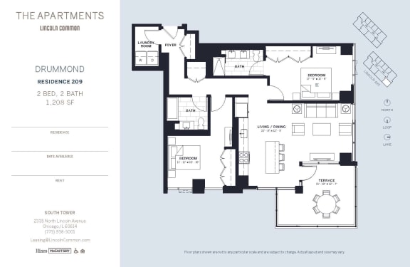 Lincoln Common Chicago Drummond 2 Bedroom 1208sf South Floor Plan Orientation at The Apartments at Lincoln Common, Illinois, 60614