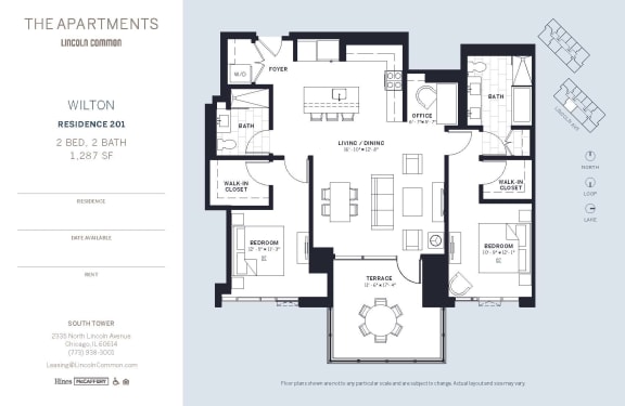 Lincoln Common Chicago Wilton 2 Bedroom South Floor Plan Orientation at The Apartments at Lincoln Common, Chicago, 60614
