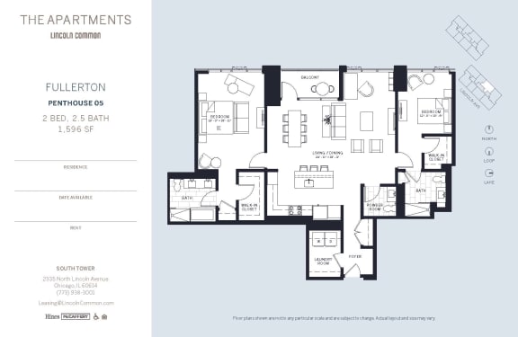 Lincoln Common Chicago Fullerton 2 Bedroom South Floor Plan Orientation at The Apartments at Lincoln Common, Illinois, 60614