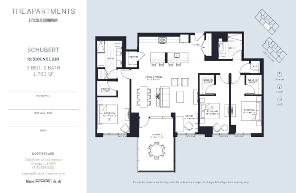 Lincoln Common Chicago Schubert 3 Bedroom North Floor Plan Orientation at The Apartments at Lincoln Common, Chicago, IL