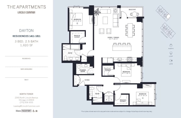 Lincoln Common Chicago Dayton 3 Bedroom 1820sf North Floor Plan Orientation at The Apartments at Lincoln Common, Illinois