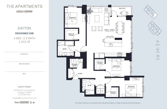 Lincoln Common Chicago Dayton 3 Bedroom 1833sf North Floor Plan Orientation at The Apartments at Lincoln Common, Illinois, 60614
