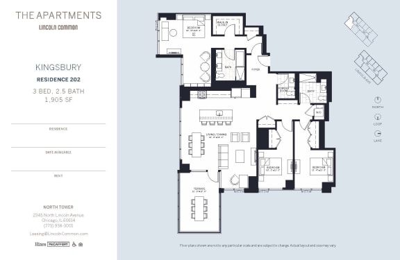 Lincoln Common Chicago Kingsbury 3 Bedroom North Floor Plan Orientation at The Apartments at Lincoln Common, Chicago, 60614