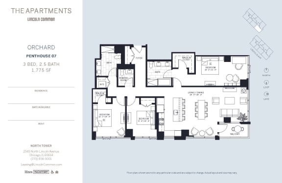 Lincoln Common Chicago Orchard 3 Bedroom North Floor Plan Orientation at The Apartments at Lincoln Common, Illinois, 60614