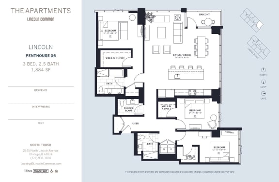 Lincoln Common Chicago Lincoln 3 Bedroom North Floor Plan Orientation at The Apartments at Lincoln Common, Illinois