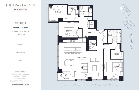 Lincoln Common Chicago Belden 3 Bedroom North Floor Plan Orientation at The Apartments at Lincoln Common, Chicago, IL