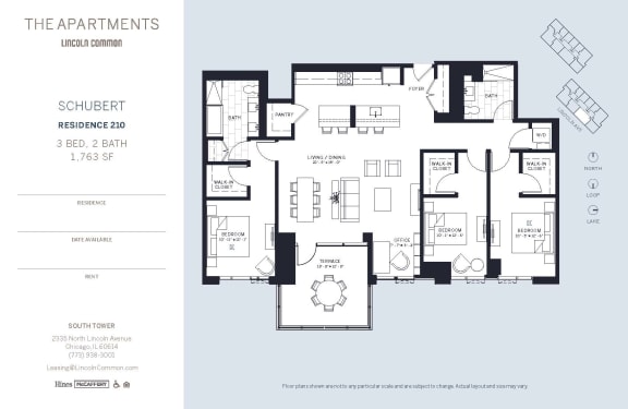 Lincoln Common Chicago Schubert 3 Bedroom South Floor Plan Orientation at The Apartments at Lincoln Common, Chicago, IL, 60614