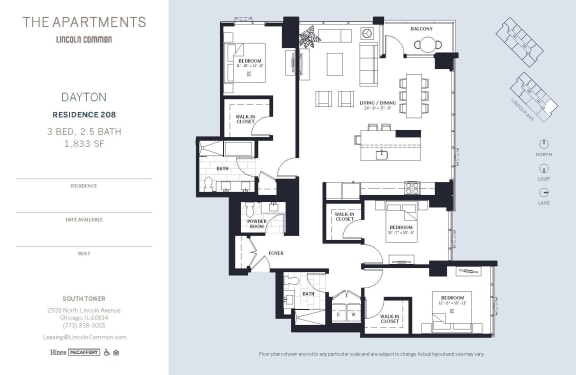 Lincoln Common Chicago Dayton 3 Bedroom 1833sf South Floor Plan Orientation at The Apartments at Lincoln Common, Chicago