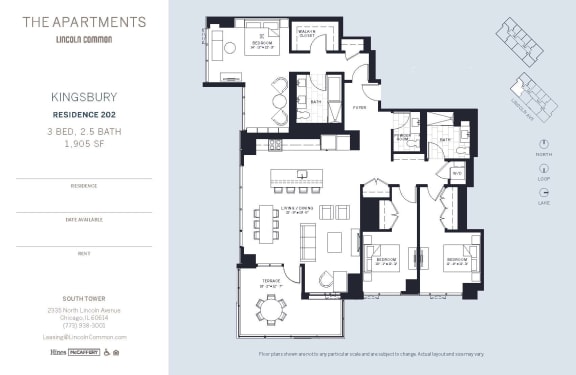 Lincoln Common Chicago Kingsbury 3 Bedroom South Floor Plan Orientation at The Apartments at Lincoln Common, Chicago, Illinois