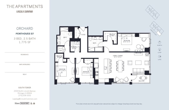 Lincoln Common Chicago Orchard 3 Bedroom South Floor Plan Orientation at The Apartments at Lincoln Common, Chicago, IL, 60614