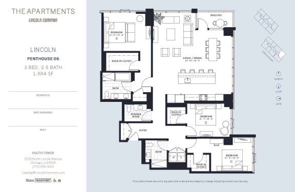 Lincoln Common Chicago Lincoln 3 Bedroom South Floor Plan Orientation at The Apartments at Lincoln Common, Chicago