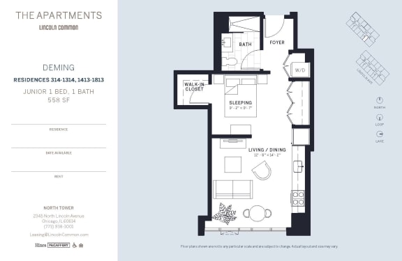 Lincoln Common Chicago Deming Junior 1 Bedroom North Floor Plan Orientation at The Apartments at Lincoln Common, Illinois, 60614