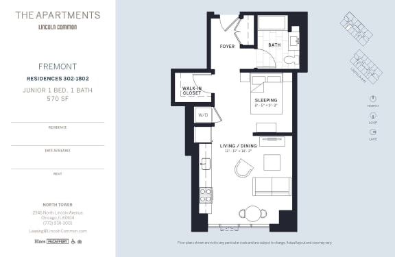 Lincoln Common Chicago Fremont Junior 1 Bedroom North Floor Plan Orientation at The Apartments at Lincoln Common, Chicago, IL