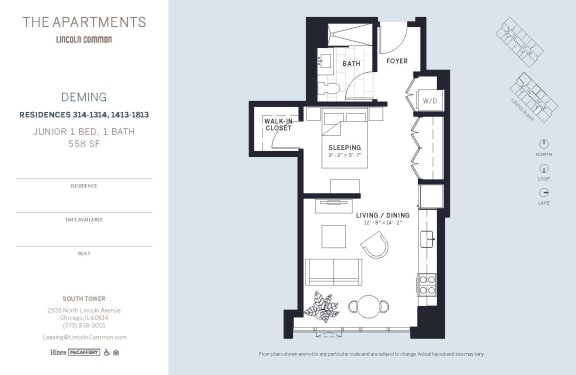 Lincoln Common Chicago Deming Junior 1 Bedroom South Floor Plan Orientation at The Apartments at Lincoln Common, Illinois