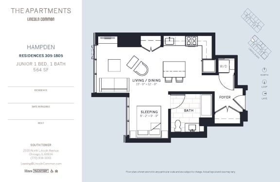 Lincoln Common Chicago Hampton Junior 1 Bedroom South Floor Plan Orientation at The Apartments at Lincoln Common, Chicago, 60614