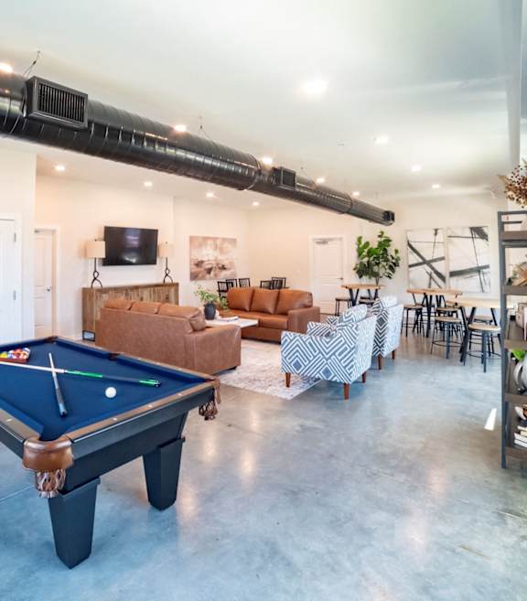 a game room with a pool table and couches