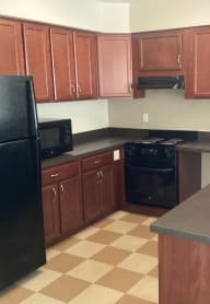 a kitchen with a black refrigerator freezer and a black stove top oven