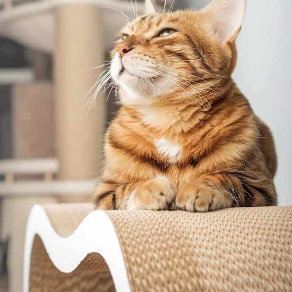 A ginger and white colored cat is sitting on a beige couch.