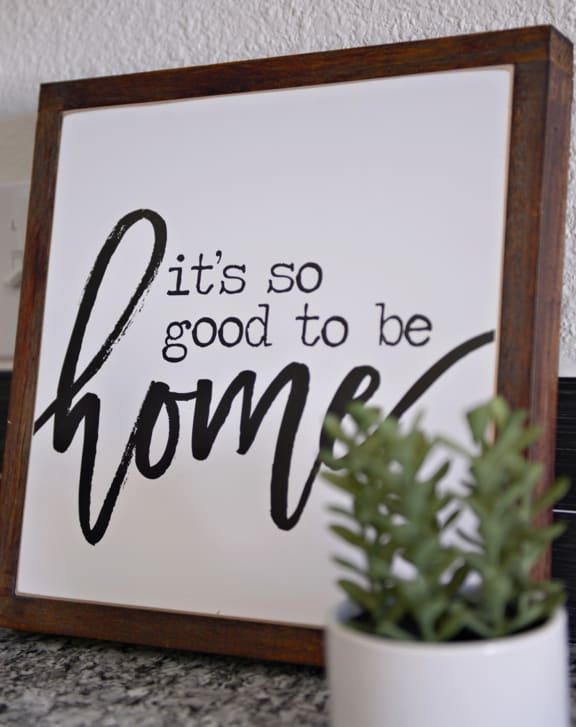 a framed sign that says it is so good to be home with a plant at Epic Apartments, Texas, 76210