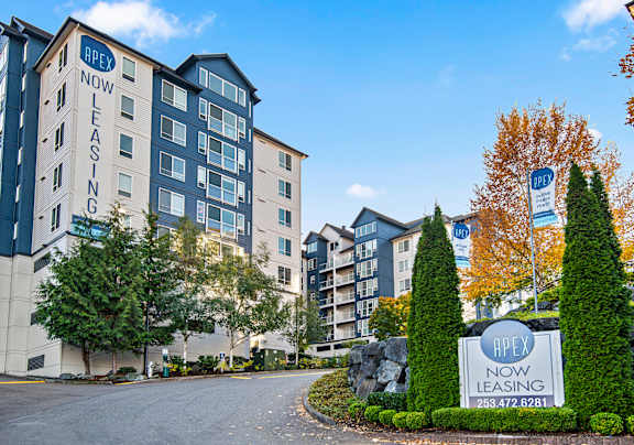 an apartment building with a sign for now leasing in front of a road