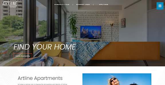 A webpage header for Artline Apartments with a navigation menu and a large banner image.