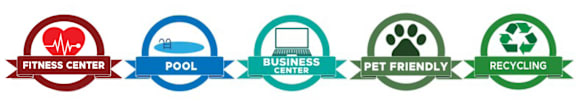 A series of five circular logos, each representing a different concept, are connected by a ribbon.
