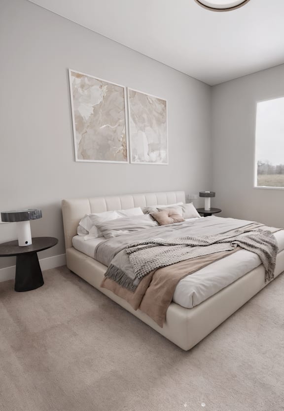 A bedroom with a bed, nightstand, and a wall-mounted shelf.