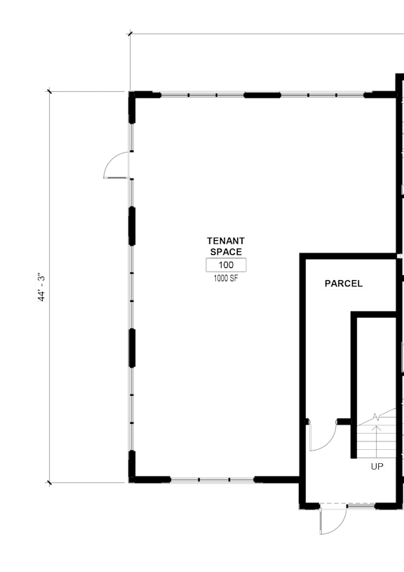A floor plan of a building with a tenant space of 100 square feet and a parcel of 1000 square feet.