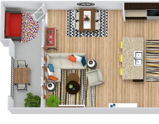 The Trinity. 1 bedroom apartment. Kitchen with island open to living/dinning rooms. 1 full bathroom with double vanity. Walk-in closet. Patio/balcony.