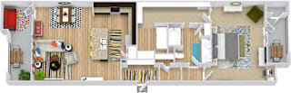 The Trinity. 1 bedroom apartment. Kitchen with island open to living/dinning rooms. 1 full bathroom with double vanity. Walk-in closet. Patio/balcony.