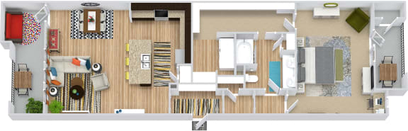 The Trinity. 1 bedroom apartment. Kitchen with island open to living/dinning rooms. 1 full bathroom with double vanity. Walk-in closet. Patio/balcony.