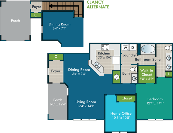 Clancy-1BR2BA  Floor Plan at Abberly Green Apartment Homes by HHHunt, Mooresville, NC, 28117