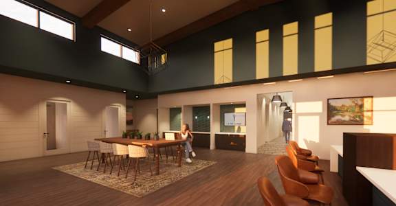 a rendering of a multipurpose room with a table and chairs