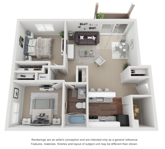 Floor Plan  2 Bed 1 Bath 800 sq ft 3D floor plan.