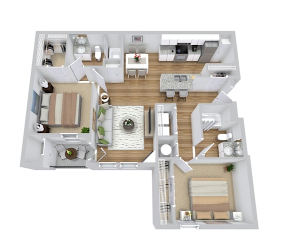 A 3D floor plan of a house with a living room, kitchen, dining room, and bedrooms.