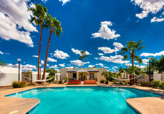 A pool surrounded by palm trees and a white building with the words "Palm VIII Office" on it.