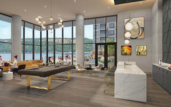 a rendering of a clubhouse with a pool table and a view of the water
