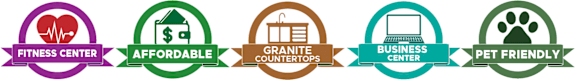 A series of five badges with different labels such as "Fitness Center", "Affordable", "Grant", "Business Center", and "Pet Friendly".