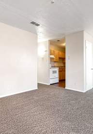 A spacious living room with a kitchen in the background.