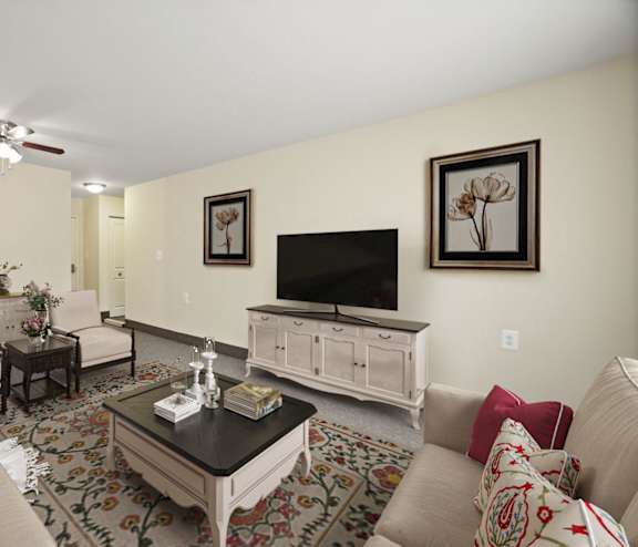 a living room with a couch and a tv