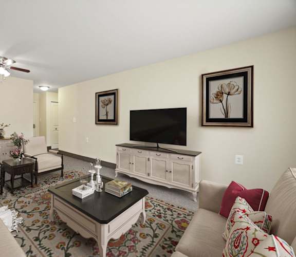 a living room with a couch and a tv