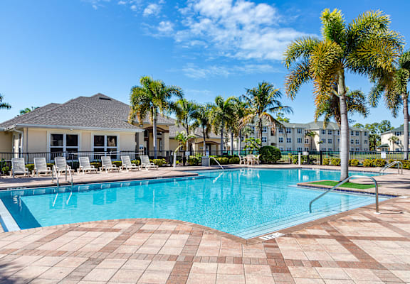 A swimming pool surrounded by palm trees and lounge chairs.