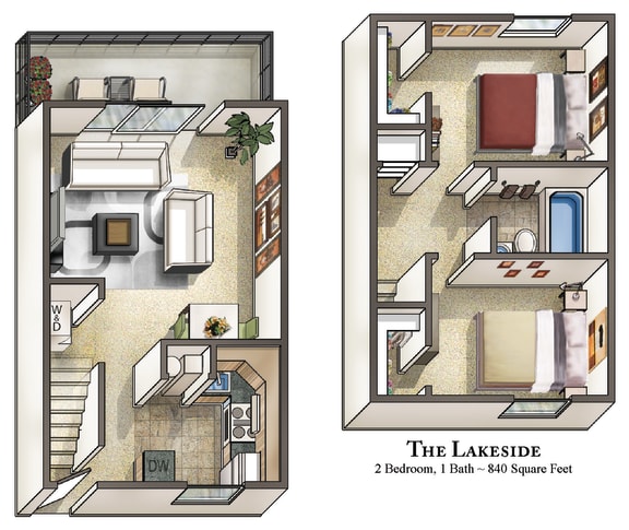 The Lakeside 2 Bedroom Floor Plan at Staples Mill Townhomes, Richmond, VA